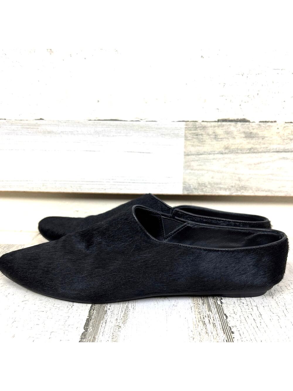 Taryn Rose Womens 7 Black Calf Fur Slip-On Ballet Flats Pointed Toe Loafers
